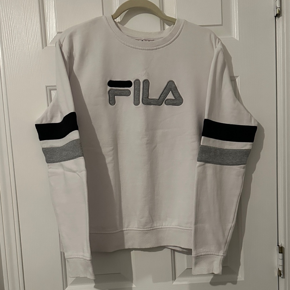 FILA Men's Crewneck Sweater in White with Black and Gray Stripes